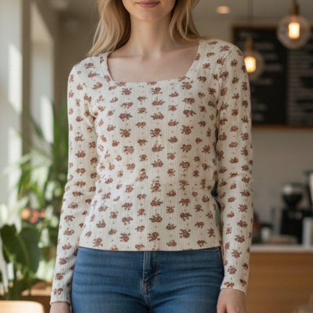 Old Navy Cream Ribbed Square-Neck Floral Long-Sleeve Top